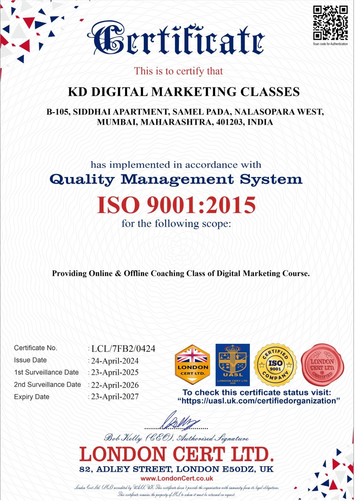 KD Digital Marketing Class Maryland USA ISO 9001:2015 Certificate